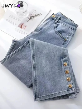 Oversize 5xl Smarte Split Bell Bottom Klassiske Jeans med Høj Talje Slank Stretch Denim Bukser Foråret Efteråret Streetwear Bukser Kvinder