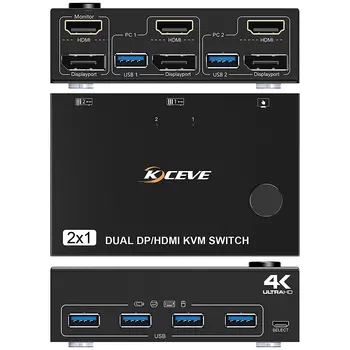 DP-HDMI-USB 3.0-KVM Switch 2 Computer 2 Skærme, Dual Displayport-Skærme KVM Switcher Understøtter 4K@60Hz for 2 Computere